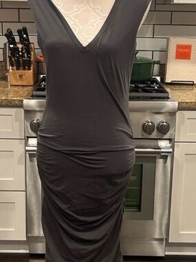 James Perse V-Neck Sleeveless Ruched Black Dress NWT